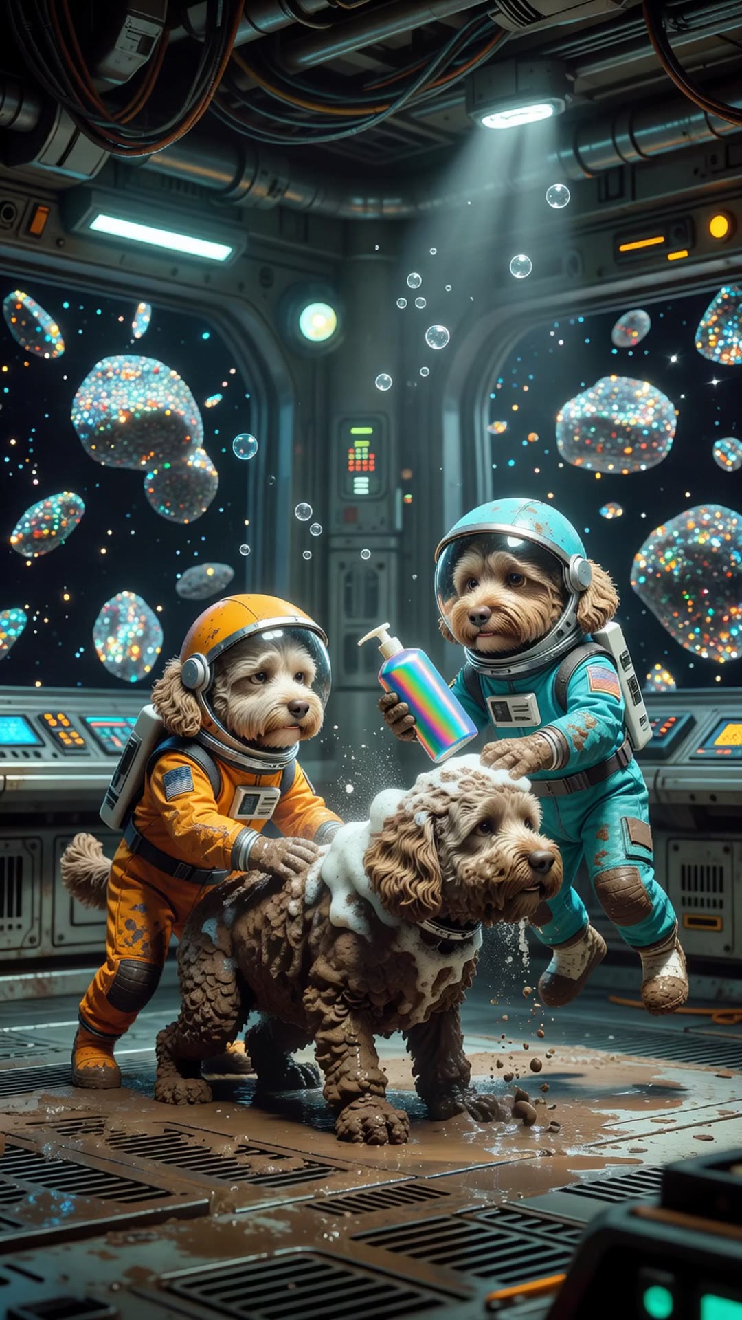 Labradoodle astronauts attempt a bath in a starship maintenance bay