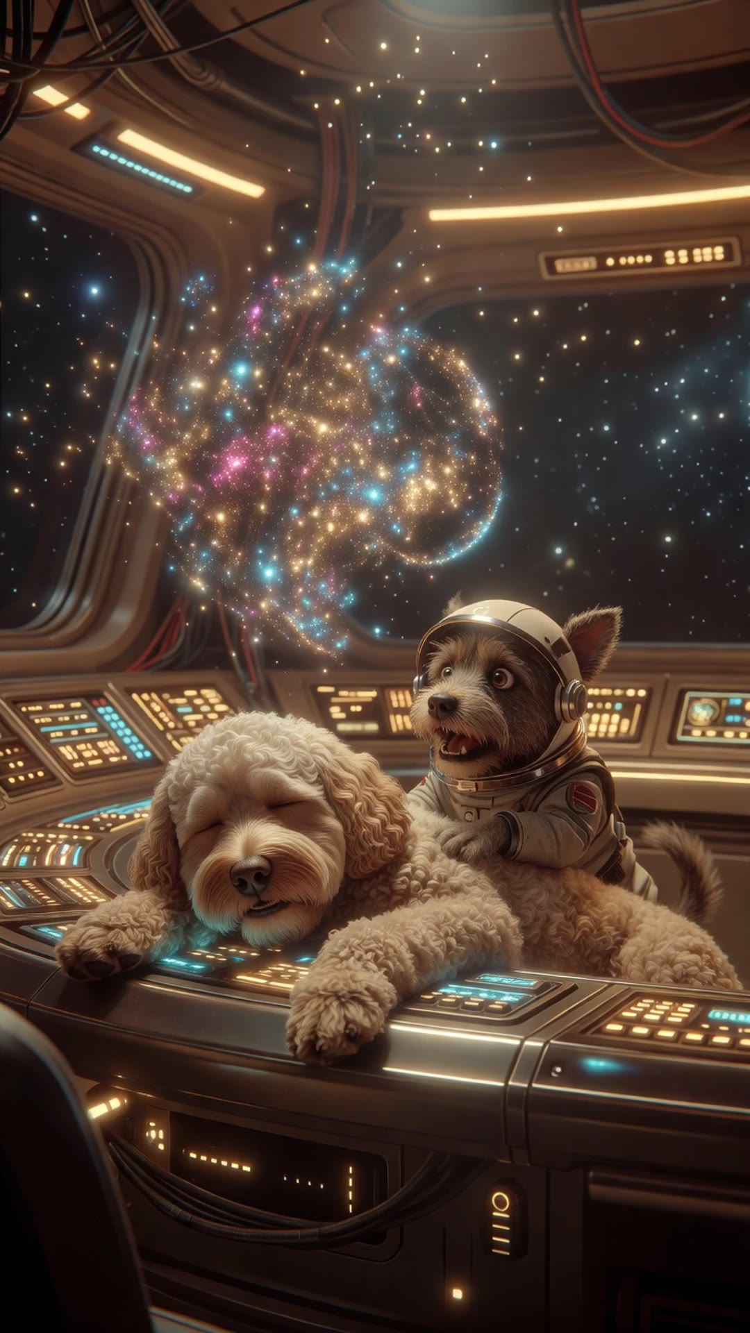 Sleepy labradoodle astronaut lies on a glowing communications console during alien contact