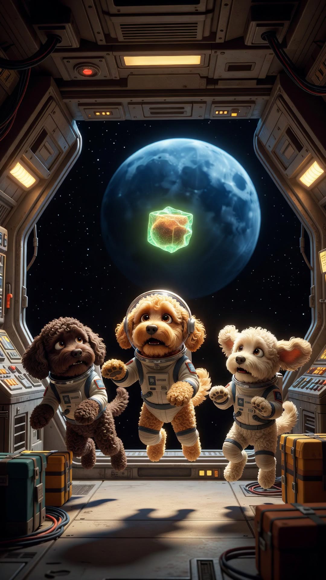 Three labradoodle astronauts react to a glowing alien package in their starship cargo bay