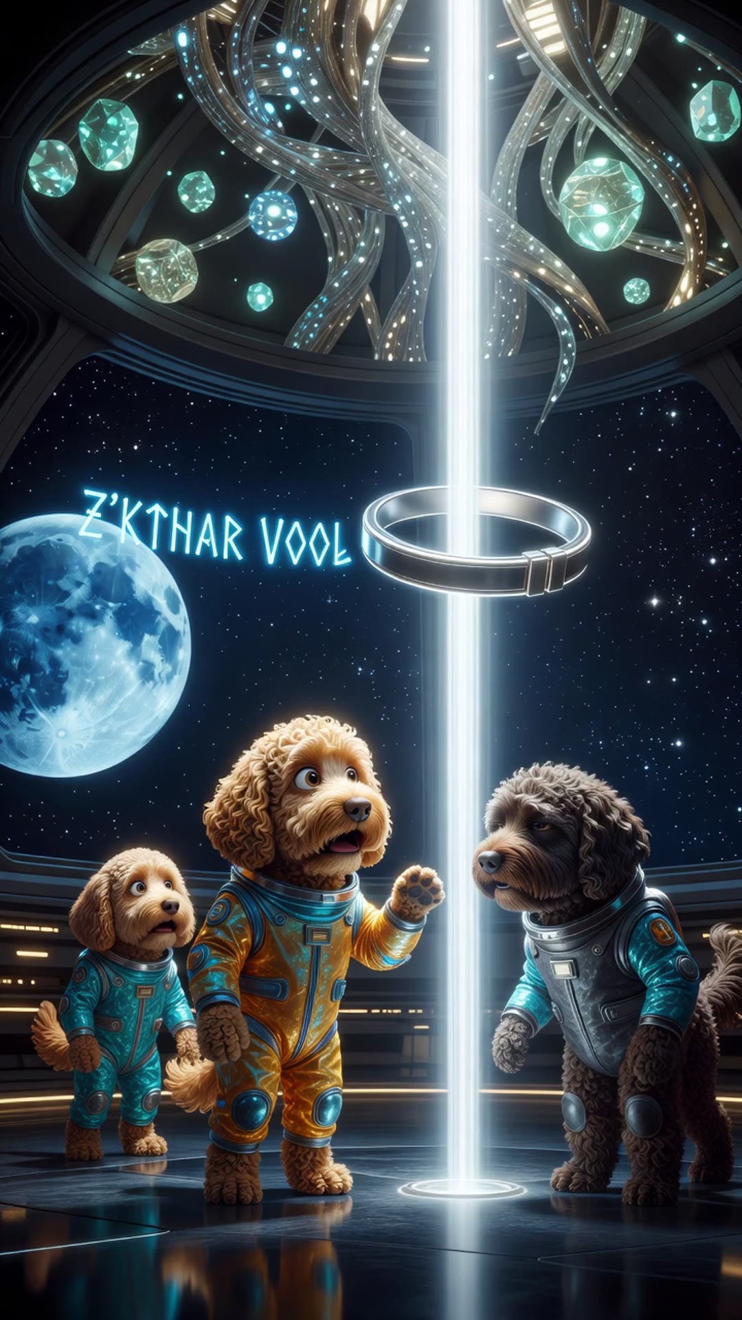 Three labradoodle astronauts watch a glowing silver collar in a blue moon observatory