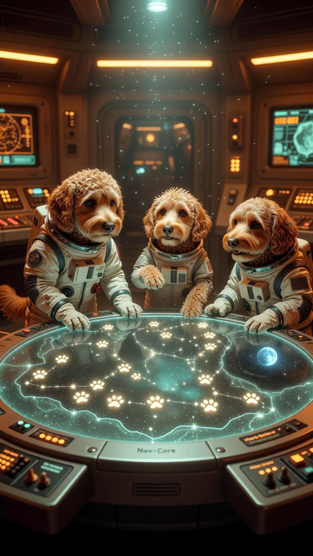 Three labradoodle astronauts study a holographic star map with paw-print constellations