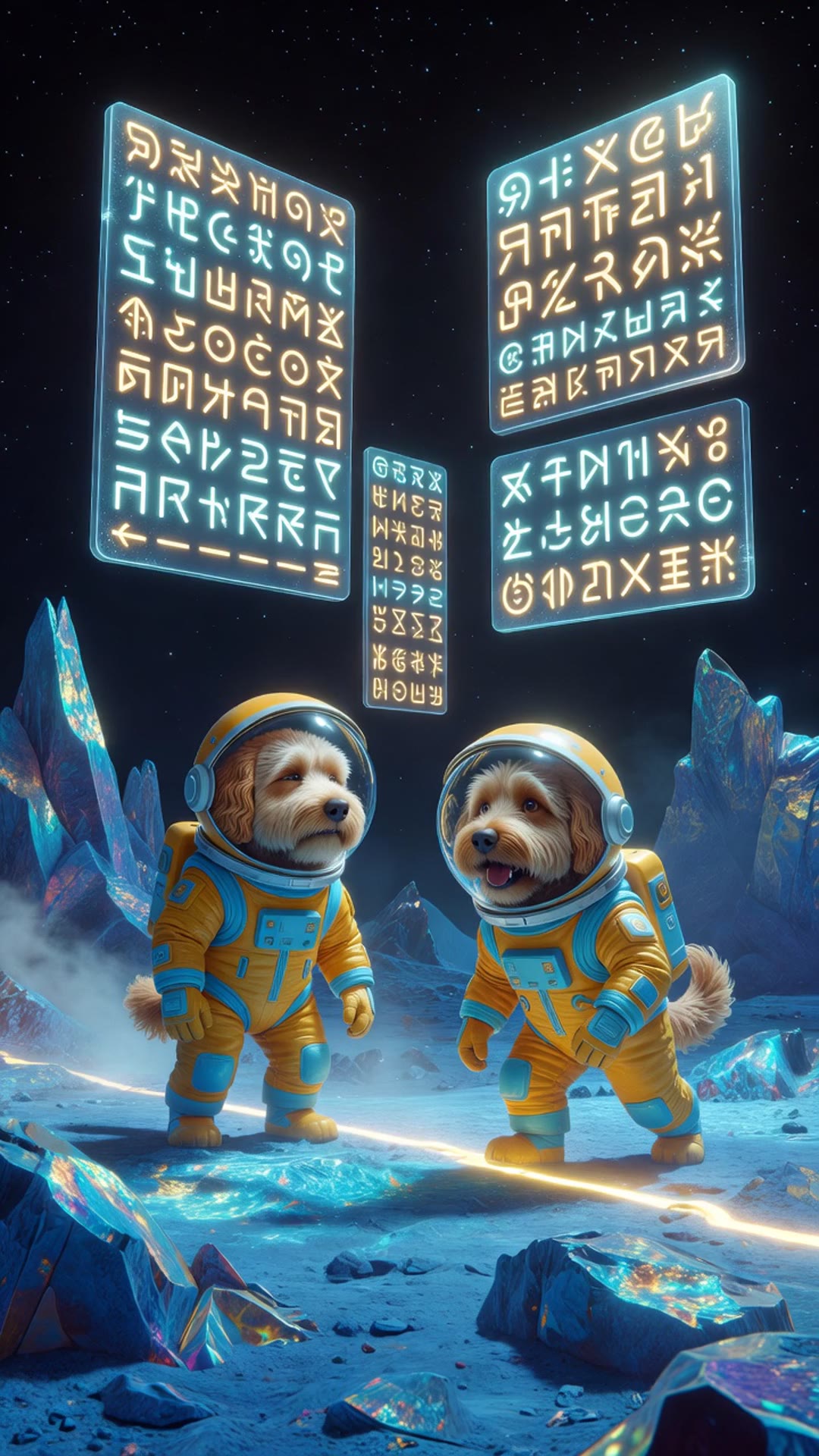 Labradoodle astronauts stand beneath floating alien rules on a glowing blue moon