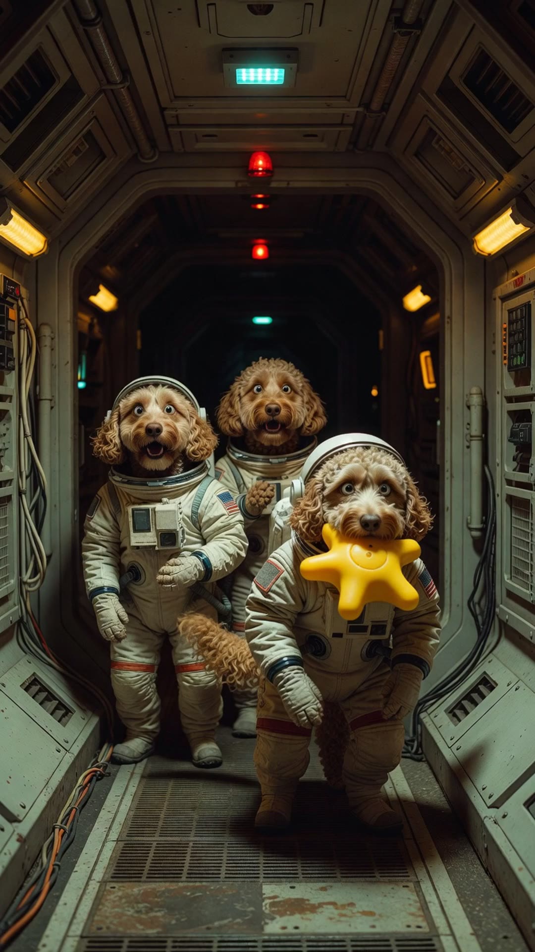 Labradoodle astronauts investigate a tiny alarm light in a dark starship corridor
