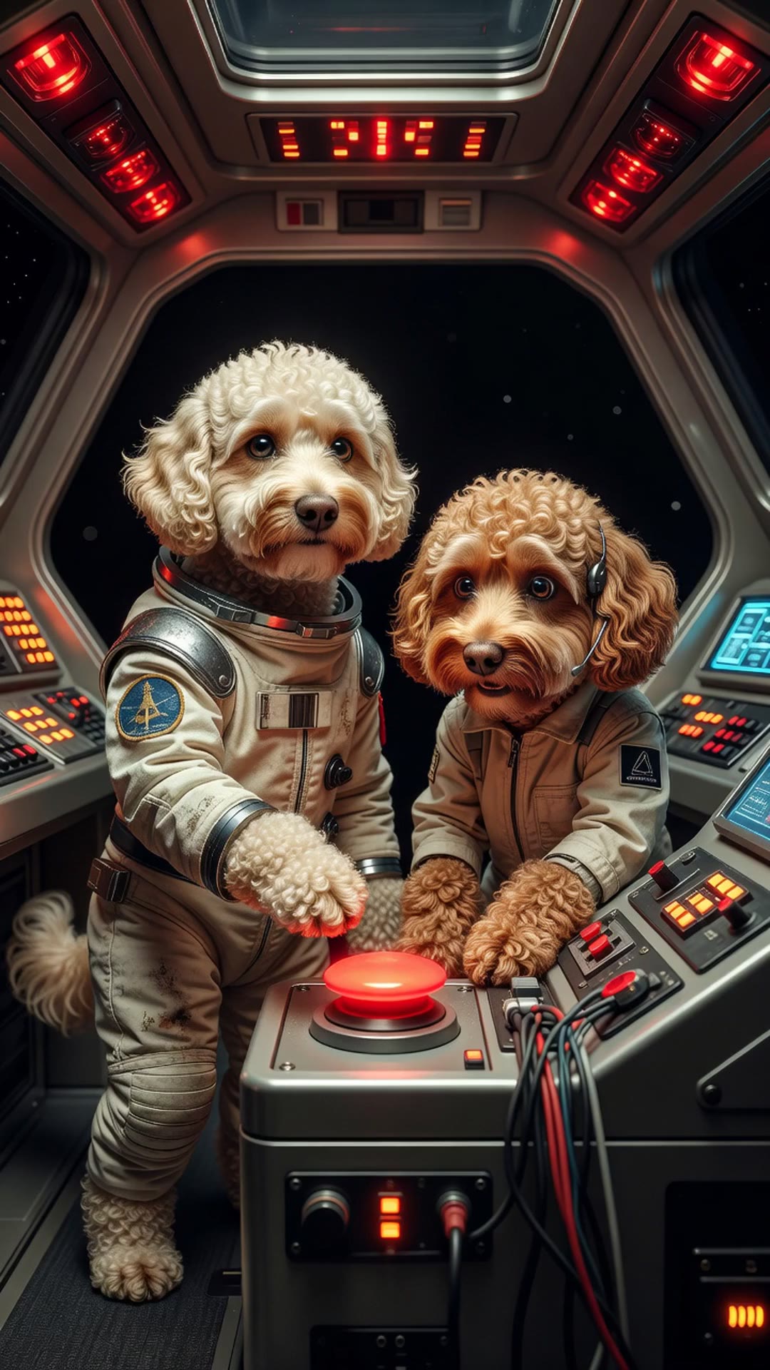 Labradoodle astronauts face a glowing red button in a starship cockpit