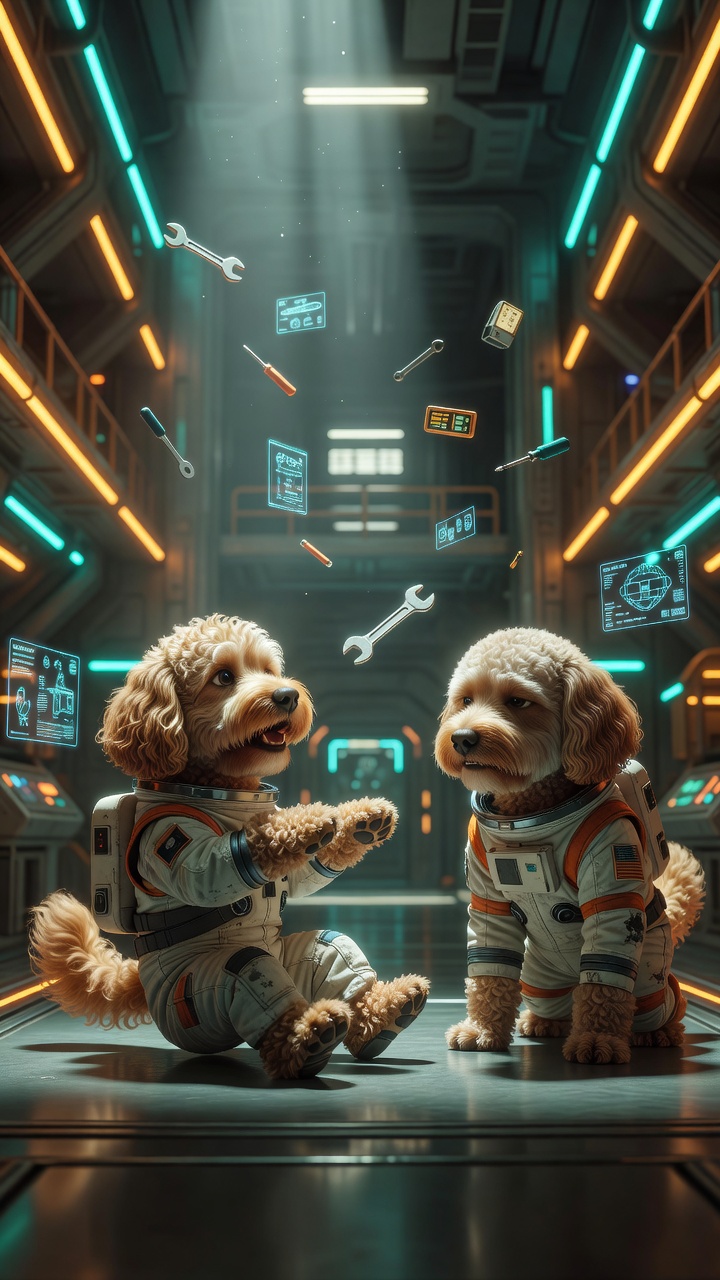 Two labradoodle astronauts in a cinematic starship hangar